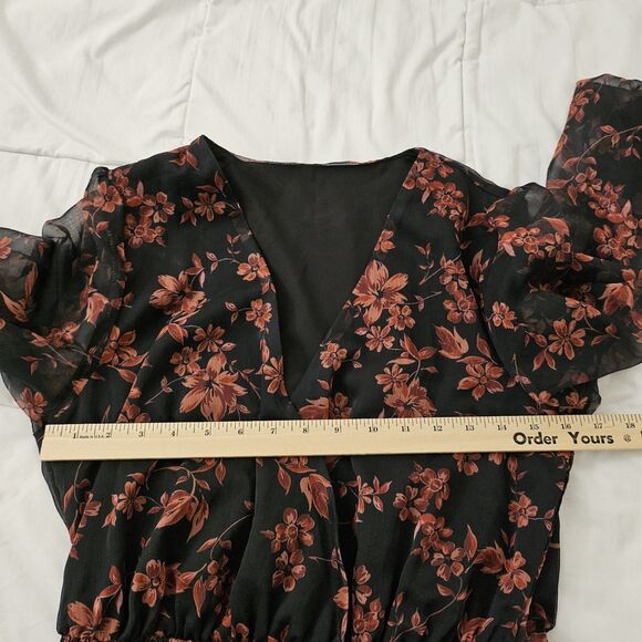 CUPSHE Mini Dress Medium Black Floral Print Smocked Bodycon Longsleeve NWT - Picture 8 of 10